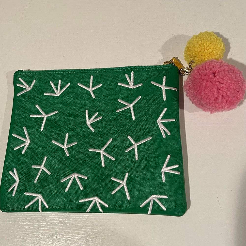 Cactus clutch with pink and yellow pom pom keychain